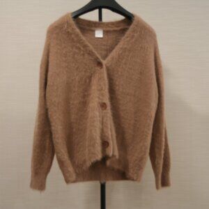 Tan Fuzzy V-Neck Cardigan Size L